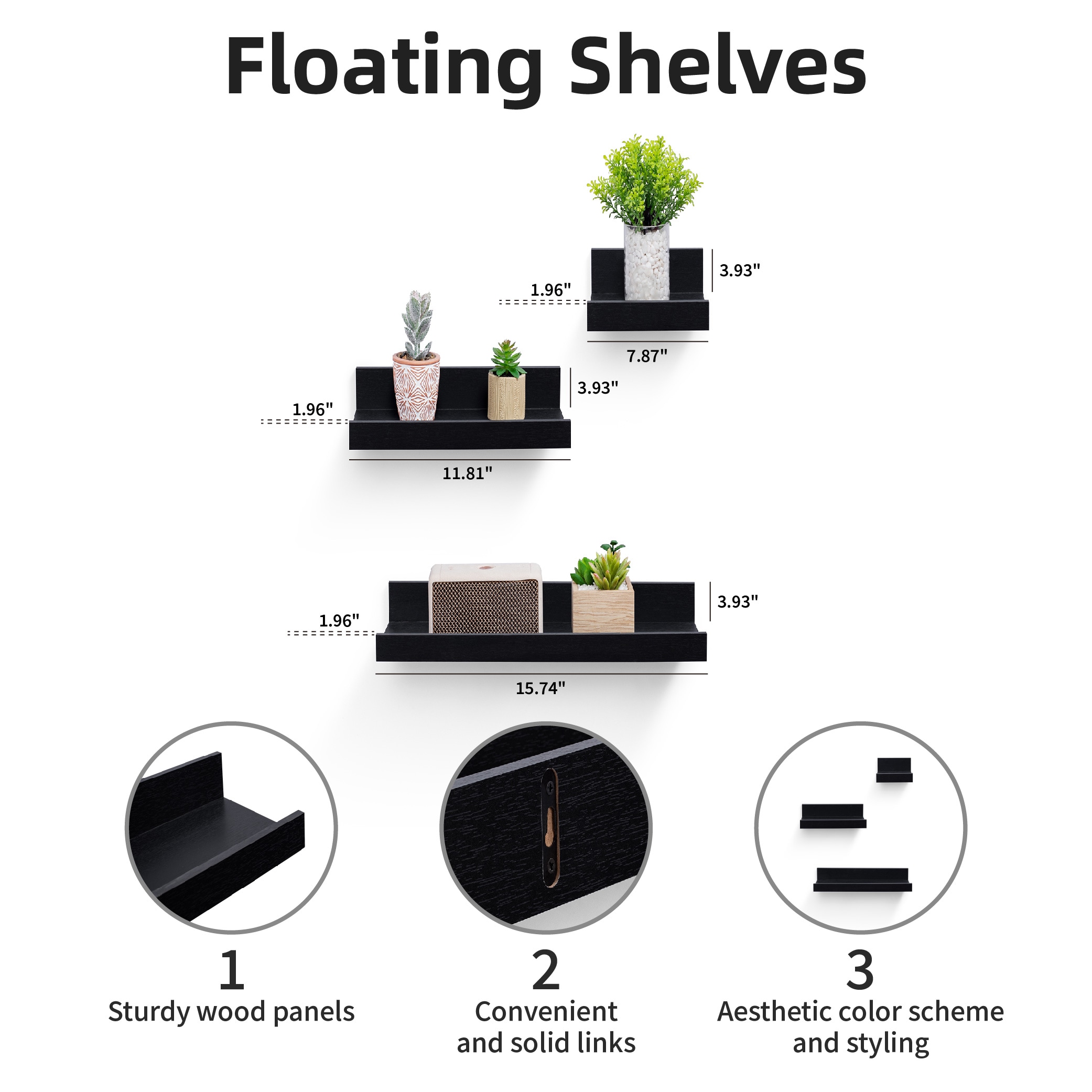 Floating Shelves 15.7" Wall Mounted Wood Shelves For Bathroom, Bedroom, Living Room, Kitchen, Hanging Shelf For Books/Storage/Decor With Invisible Brackets, Black_maomaolike.com